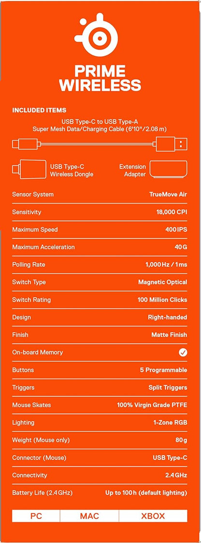 SteelSeries Prime Wireless - Esports Performance Wireless Gaming Mouse – 100 Hour Battery – 18,000 CPI TrueMove Air Optical Sensor – Magnetic Optical Switches